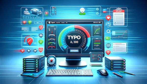 An image depicting a fast and efficient TYPO3 website, with visual elements like a speedometer indicating fast load times, a streamlined server symbolizing quick response times, and happy user icons showing enhanced engagement