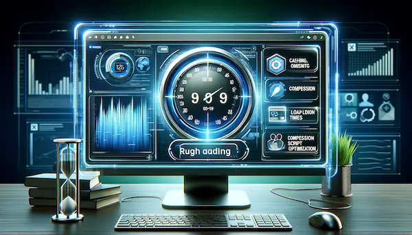 An image depicting a streamlined, high-speed website interface with visual elements like a stopwatch showing reduced loading times, and icons representing caching, compression, and script optimization